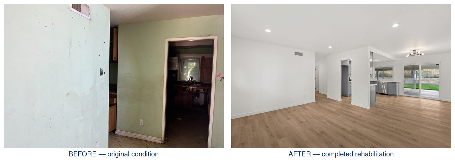 Briar Avenue living area before and after rehabilitation