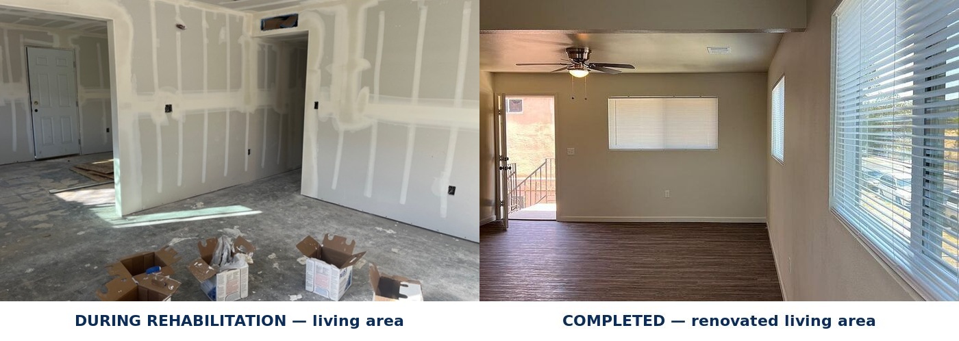 Tyler Avenue living area during and after rehabilitation